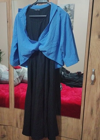 Straplez Mavi Uzun Kollu elbıse - Görsel 2