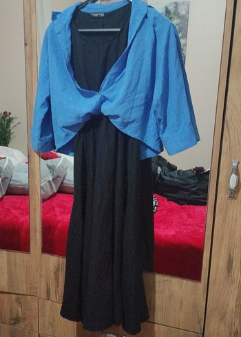 Straplez Mavi Uzun Kollu elbıse - Görsel 3