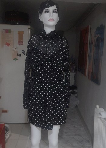 Puantiye Desenli Siyah Mini Gömlek Tunik