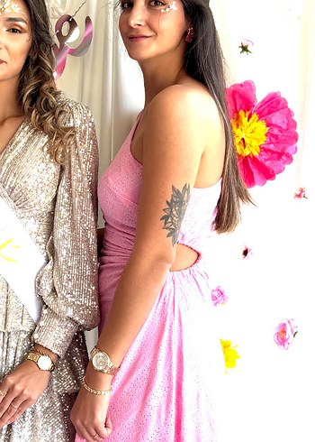 Pembe Drapeli Uzun Askılı Elbise - Görsel 6