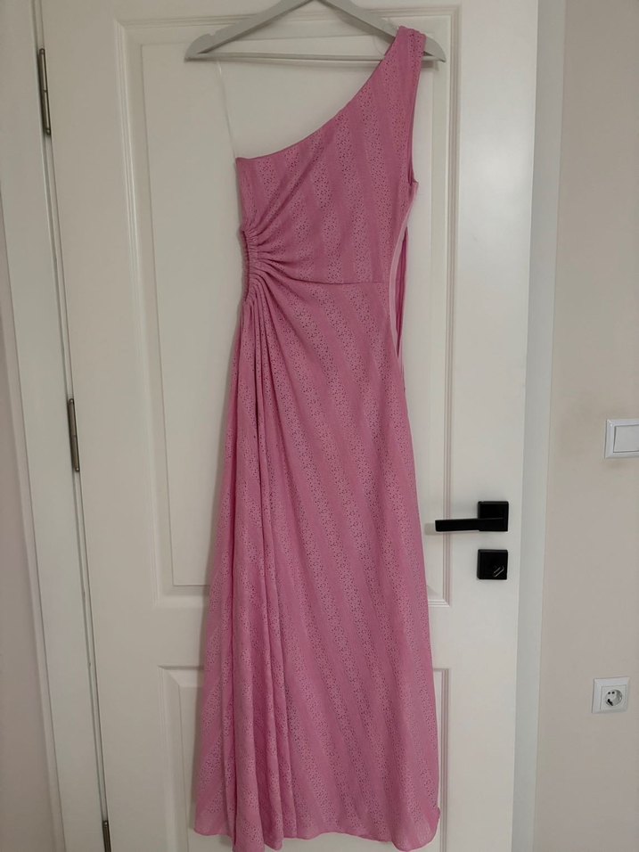 Pembe Drapeli Uzun Askılı Elbise - Görsel 4