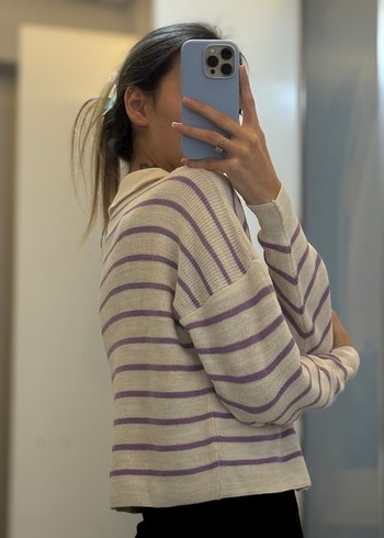 Mor Çizgili Salaş Örgü Kadın Kazak - Görsel 3