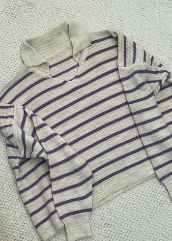 Mor Çizgili Salaş Örgü Kadın Kazak - Görsel 5