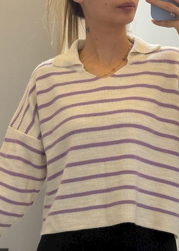 Mor Çizgili Salaş Örgü Kadın Kazak - Görsel 6