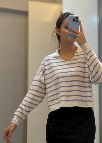 Mor Çizgili Salaş Örgü Kadın Kazak - Görsel 2