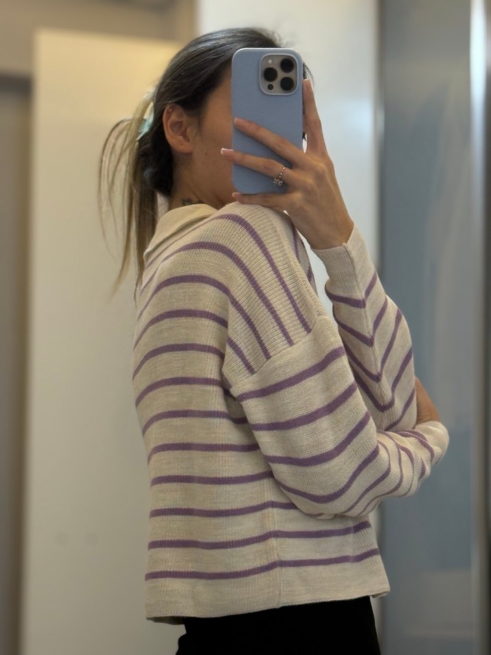 Mor Çizgili Salaş Örgü Kadın Kazak - Görsel 3