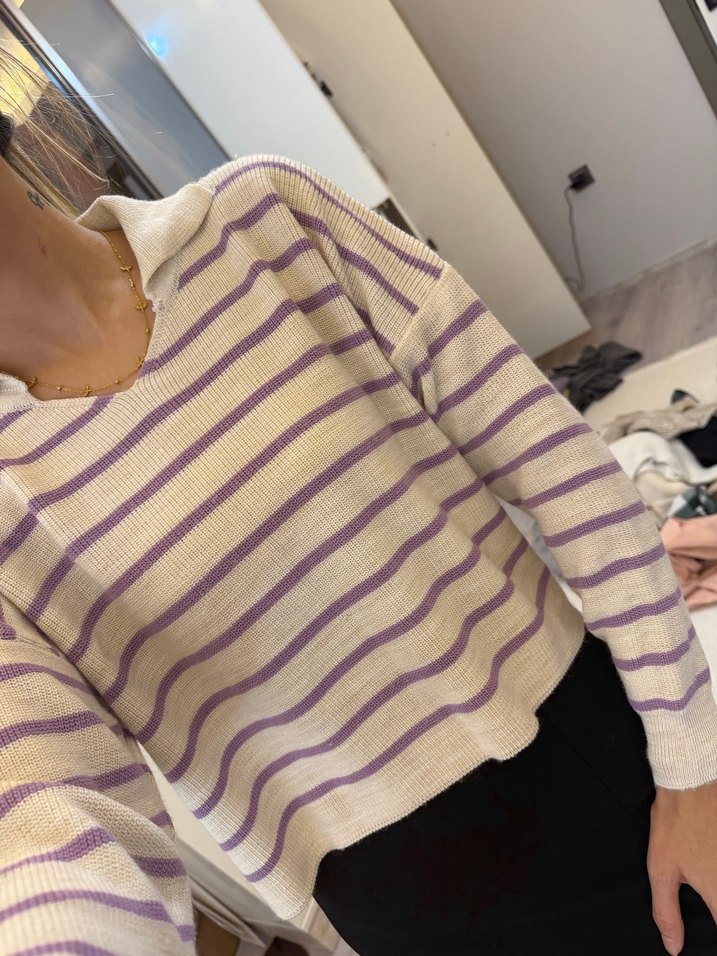 Mor Çizgili Salaş Örgü Kadın Kazak - Görsel 4