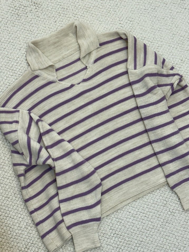 Mor Çizgili Salaş Örgü Kadın Kazak - Görsel 5