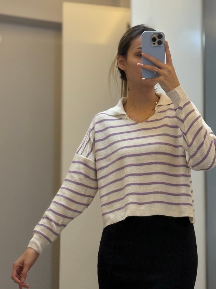 Mor Çizgili Salaş Örgü Kadın Kazak - Görsel 2