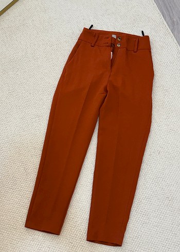 Düğmeli kiremit renk Kadın Kumaş Pantolon - Görsel 6
