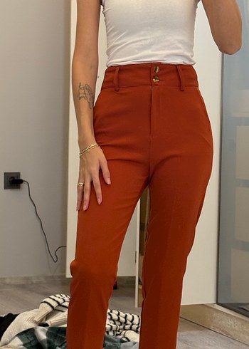 Düğmeli kiremit renk Kadın Kumaş Pantolon - Görsel 4