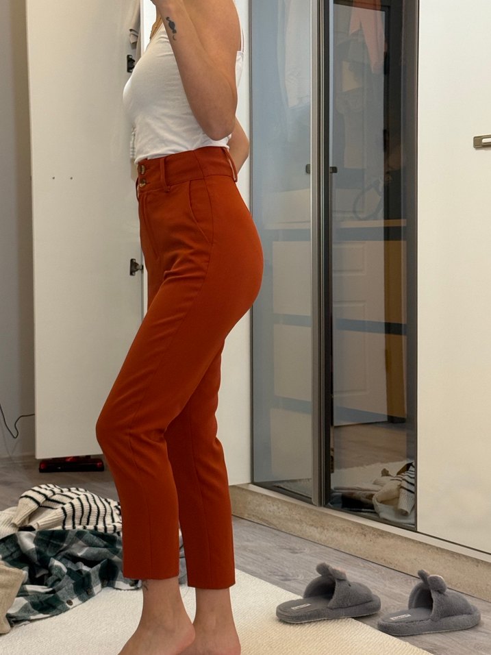 Düğmeli kiremit renk  Kadın Kumaş Pantolon - Görsel 5