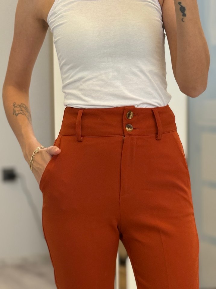 Düğmeli kiremit renk  Kadın Kumaş Pantolon - Görsel 3