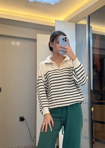 Yarım Fermuarlı Çizgili Kadın Triko - Görsel 3