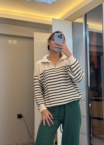 Yarım Fermuarlı Çizgili Kadın Triko - Görsel 4