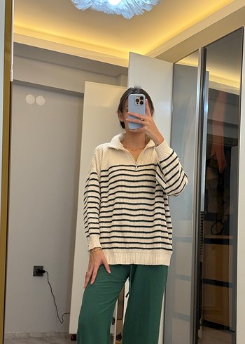 Yarım Fermuarlı Çizgili Kadın Triko - Görsel 5