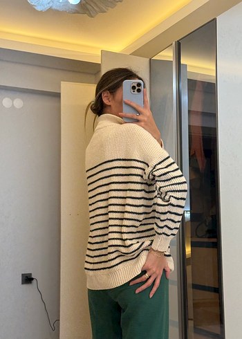 Yarım Fermuarlı Çizgili Kadın Triko - Görsel 7