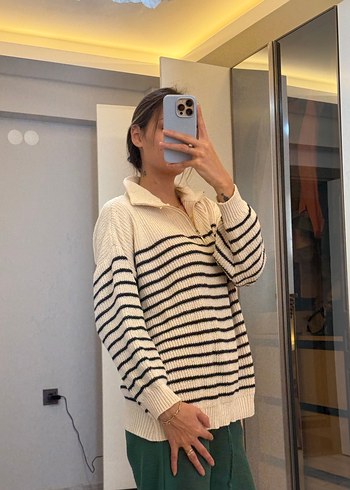 Yarım Fermuarlı Çizgili Kadın Triko - Görsel 6