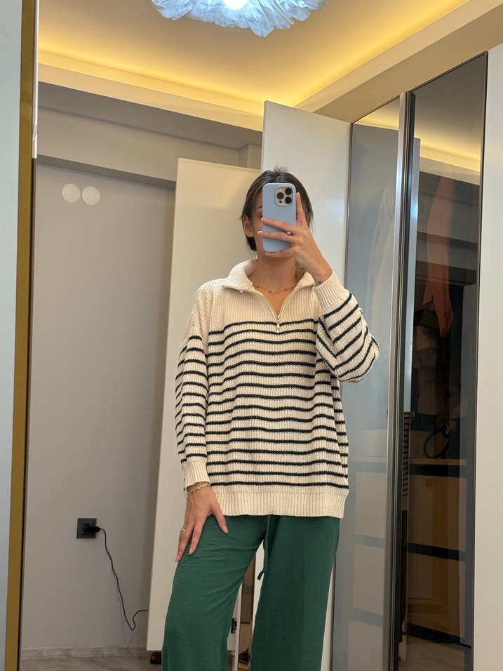 Yarım Fermuarlı Çizgili Kadın Triko - Görsel 5