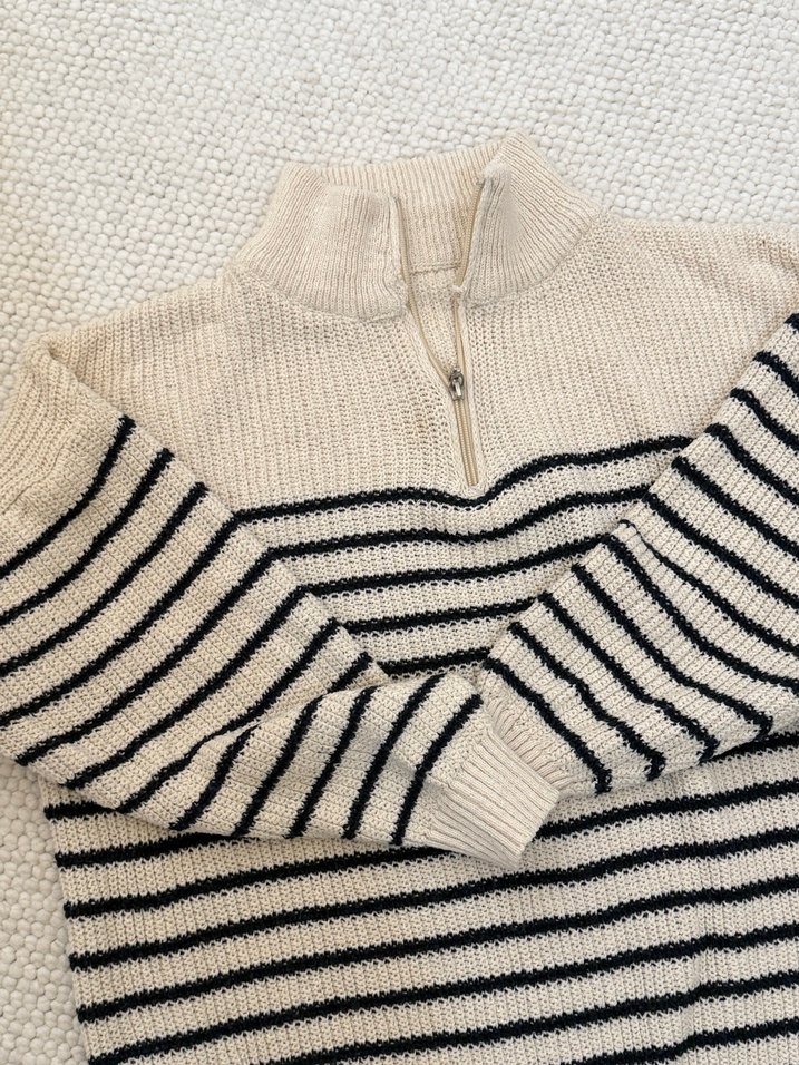 Yarım Fermuarlı Çizgili Kadın Triko - Görsel 2