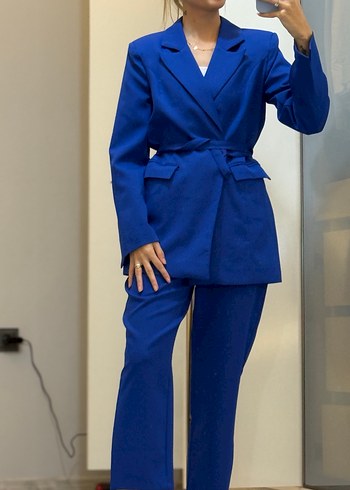 Kemerli saks mavisi Kadın Takım Elbise - Görsel 2