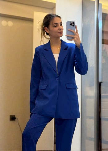 Kemerli saks mavisi Kadın Takım Elbise - Görsel 11