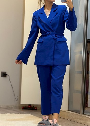 Kemerli saks mavisi Kadın Takım Elbise - Görsel 7