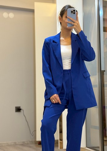 Kemerli saks mavisi Kadın Takım Elbise - Görsel 12