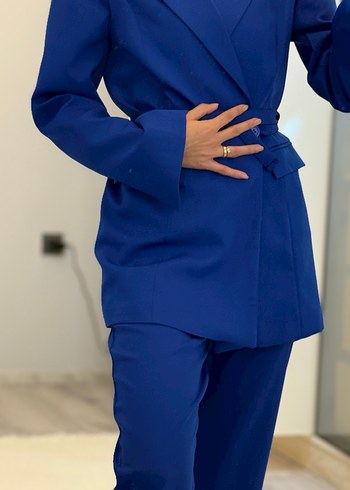 Kemerli saks mavisi Kadın Takım Elbise - Görsel 5