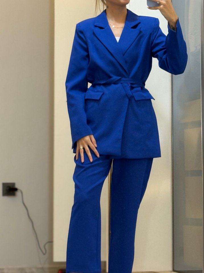 Kemerli saks mavisi Kadın Takım Elbise - Görsel 2