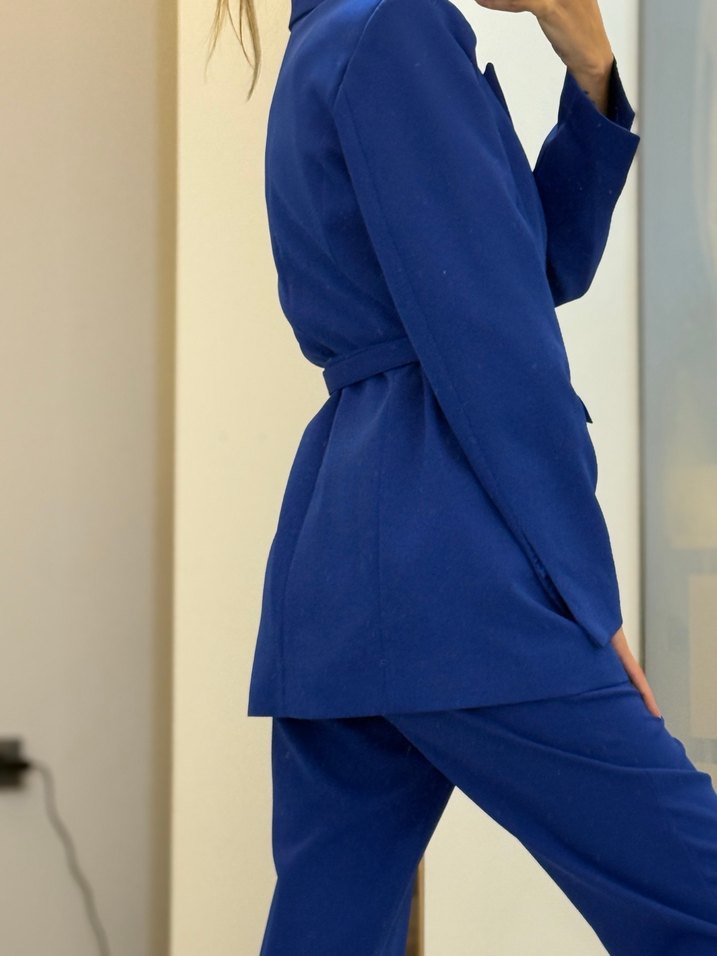 Kemerli saks mavisi Kadın Takım Elbise - Görsel 3