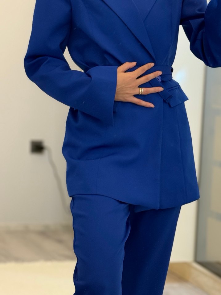 Kemerli saks mavisi Kadın Takım Elbise - Görsel 5