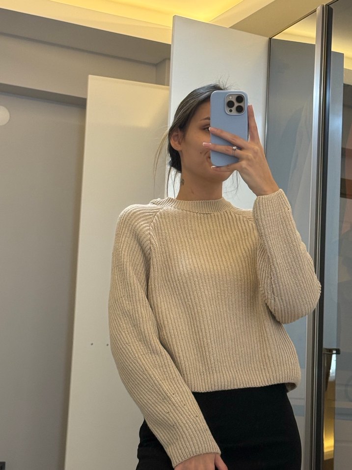 Bej Örgü Kadın Triko Kazak - Görsel 3