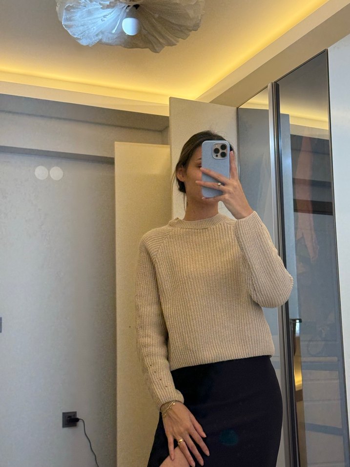 Bej Örgü Kadın Triko Kazak - Görsel 2