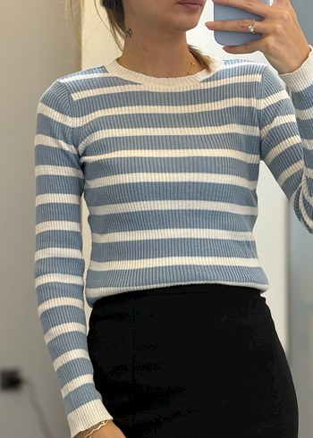 Mavi Çizgili Triko Kadın Kazak - Görsel 3