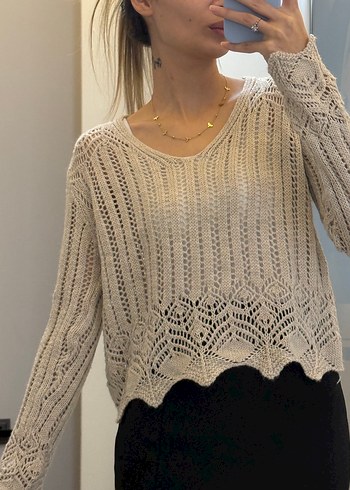 Bej V Yaka Örgü Kadın Kazak - Görsel 3