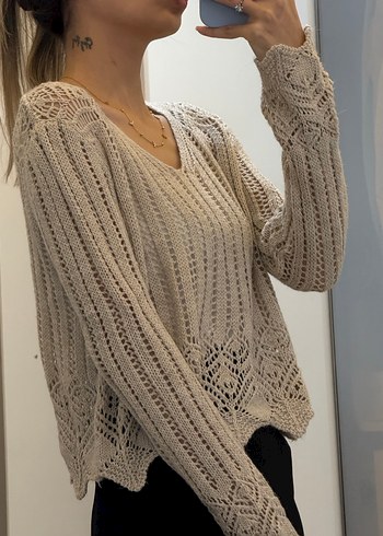 Bej V Yaka Örgü Kadın Kazak - Görsel 6