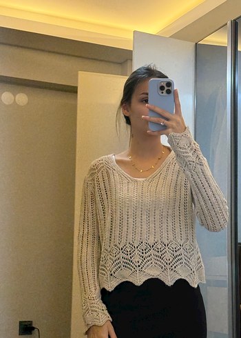 Bej V Yaka Örgü Kadın Kazak - Görsel 5