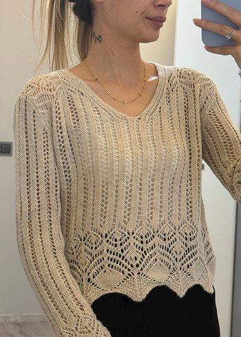 Bej V Yaka Örgü Kadın Kazak - Görsel 9