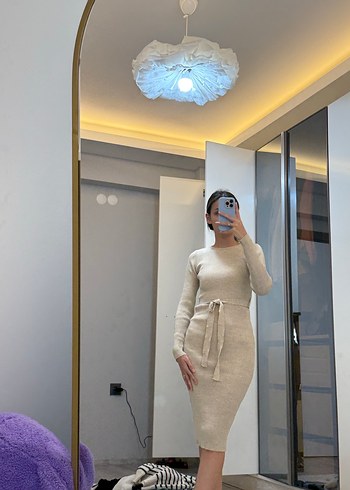 Bej Yüksek Yakalı Midi Triko Elbise - Görsel 3
