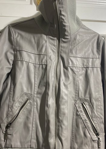 Gri Deri Kadın Ceket Yüksek Yakalı - Görsel 2