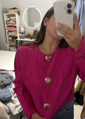 l Beden pembe Renk Düğmeli Pembe Kadın Gömlek ceket