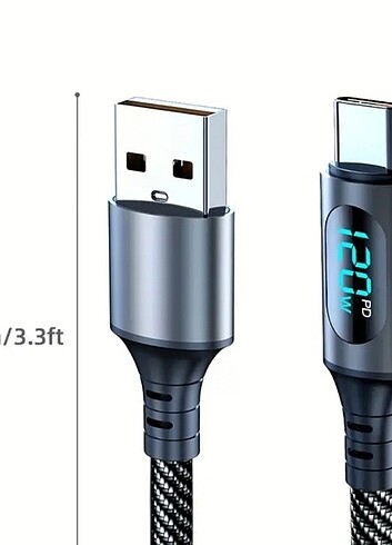TYPE-C LED ekranlı süper hızlı şarj ve veri kablosu. SİYAH. 120 