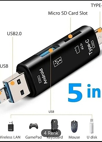 5 in1 USB tip C / USB / TF/Sd kart okuyucu. Android. Sıfır