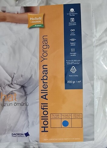 Beden beyaz Renk YATAŞ Hollofil XL1,5 kişilik Allerban yorgan. 175x215 cm.