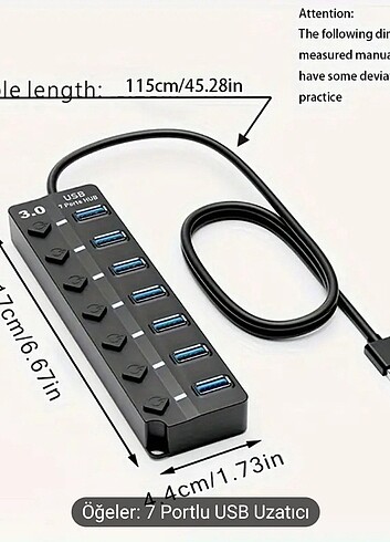 LED Göstergeli 7 Portlu USB 3.0 Hub çoğaltıcı. SİYAH.