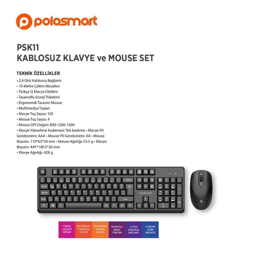 Polosmart PSK11 kablosuz klavye ve Mouse set. - Görsel 2