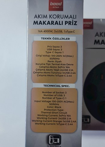 Beden Makaralı askılı 3 priz, 3 USB 1 TYPE-c akım korumalı piriz.