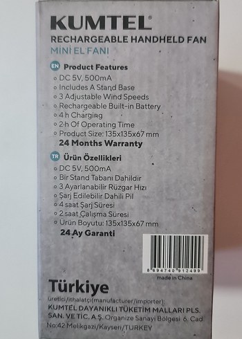 Beden Kumtel Şarj Edilebilir Masa Ve El Fanı. Sıfır kutusunda.
