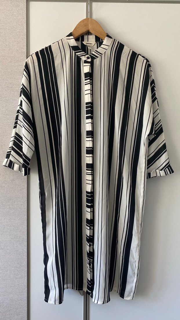 Çizgili Gizli Düğmeli Gömlek/Kimono - Görsel 4